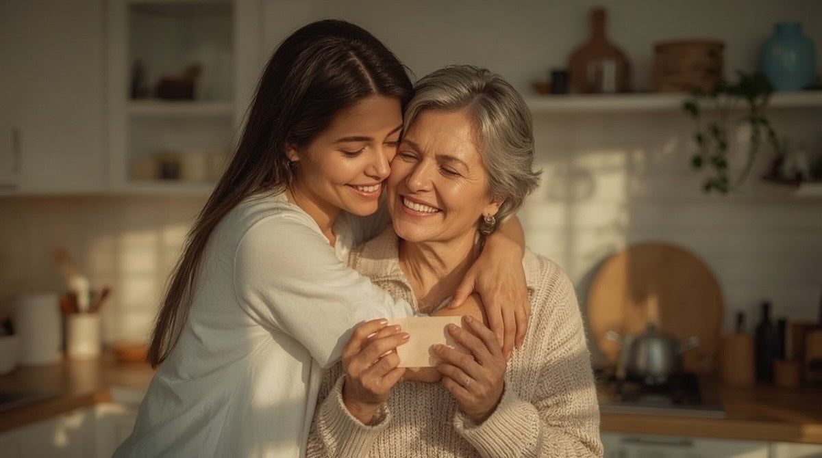 Junge Dame umarmt herzlich ihre Mutter