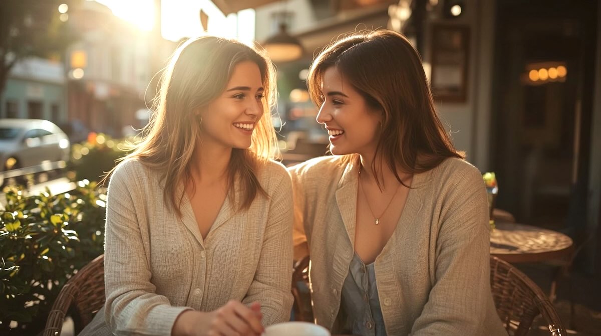 Zwei Freundinnen lachen sich herzlich an im Abendlicht – echte Nähe, Freude und Vertrauen.