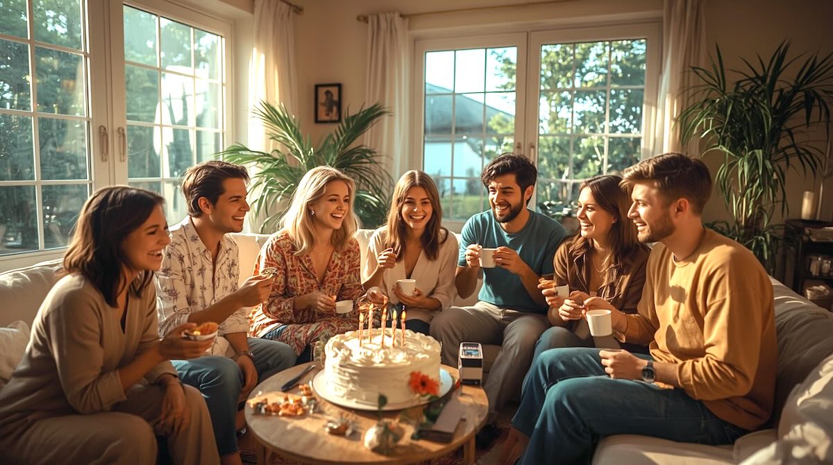 Freunde feiern Geburtstag in gemütlicher Atmosphäre – echte Freude, Lachen und Musik in der Luft.