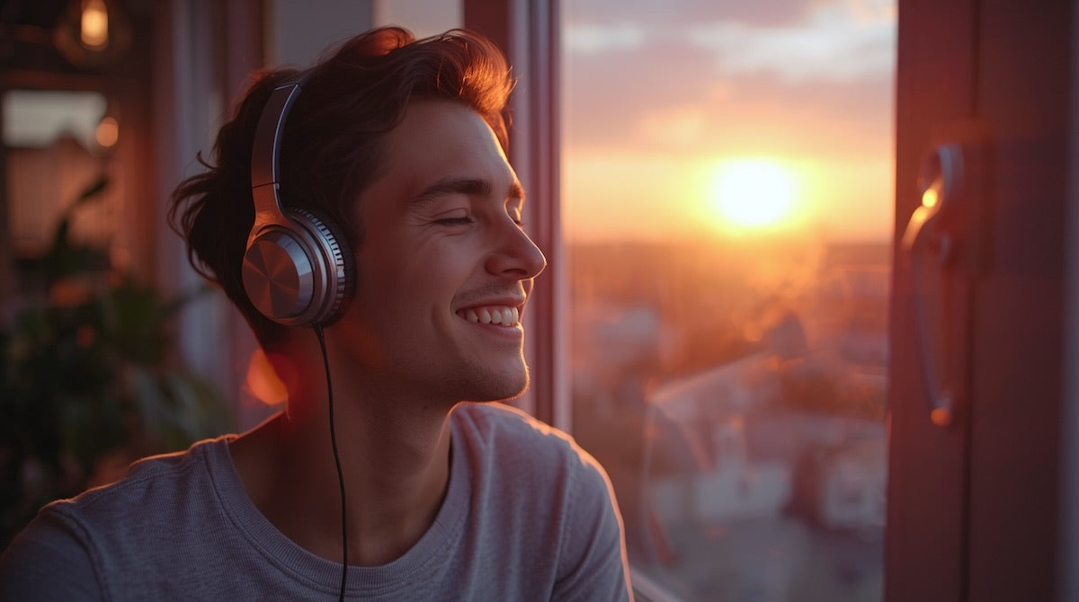 Eine Person sitzt am Fenster, hört Musik und lächelt verträumt – ein Moment voller Erinnerung und Gefühl.