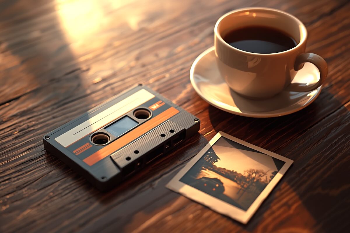 Altes Mixtape und Foto auf einem Holztisch – Sinnbild für Erinnerungen, die durch Musik leben.