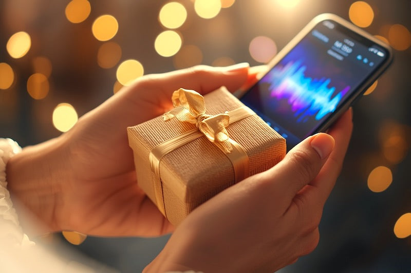Hände halten ein liebevoll verpacktes Geschenk – im Hintergrund schimmert Musiklicht voller Wärme und Gefühl.