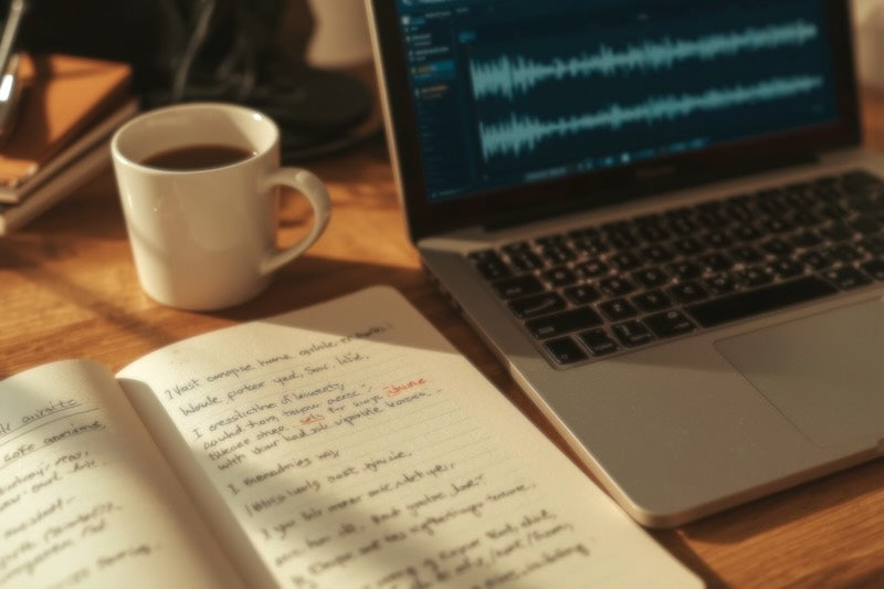 Handgeschriebene Notizen und Laptop mit Songskizze – Symbol für den kreativen Prozess.