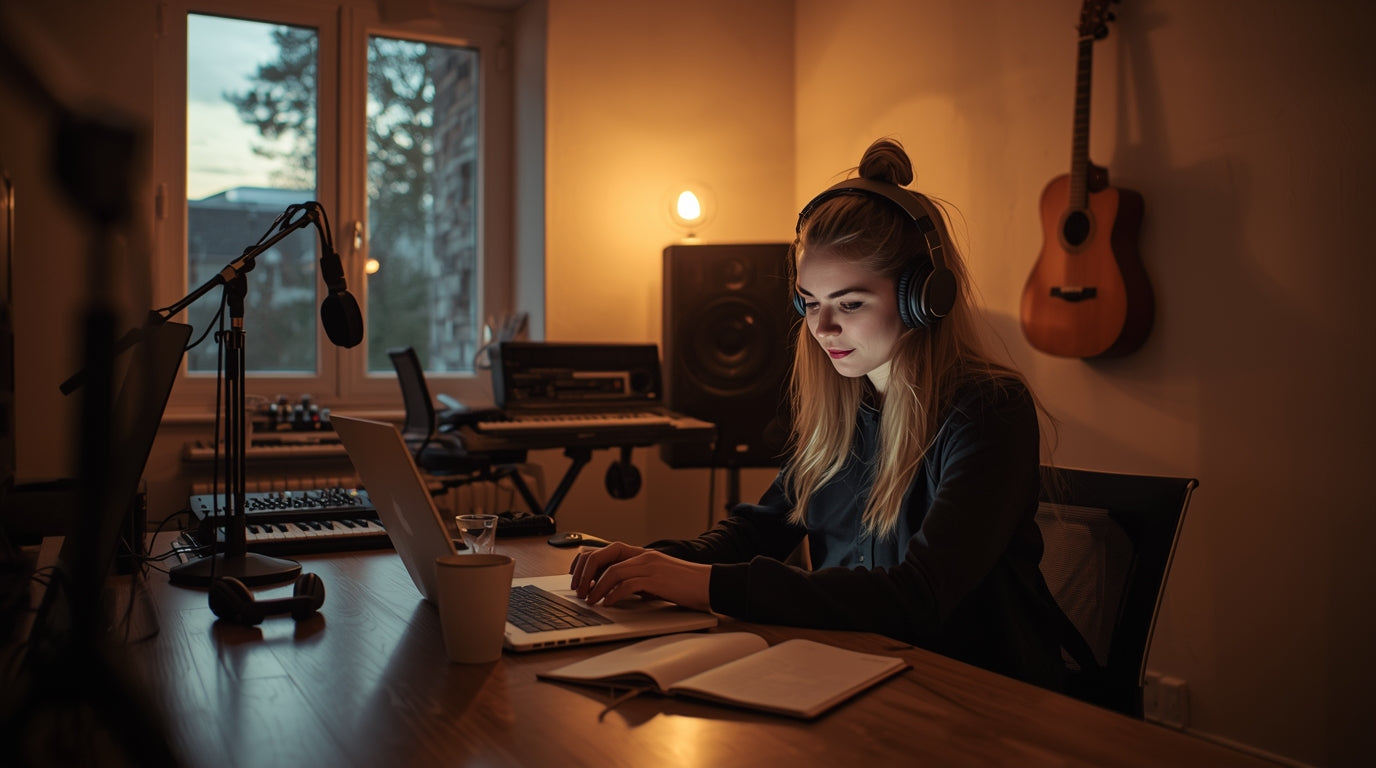 Handgeschriebene Notizen und Laptop mit Songskizze – Symbol für den kreativen Prozess.