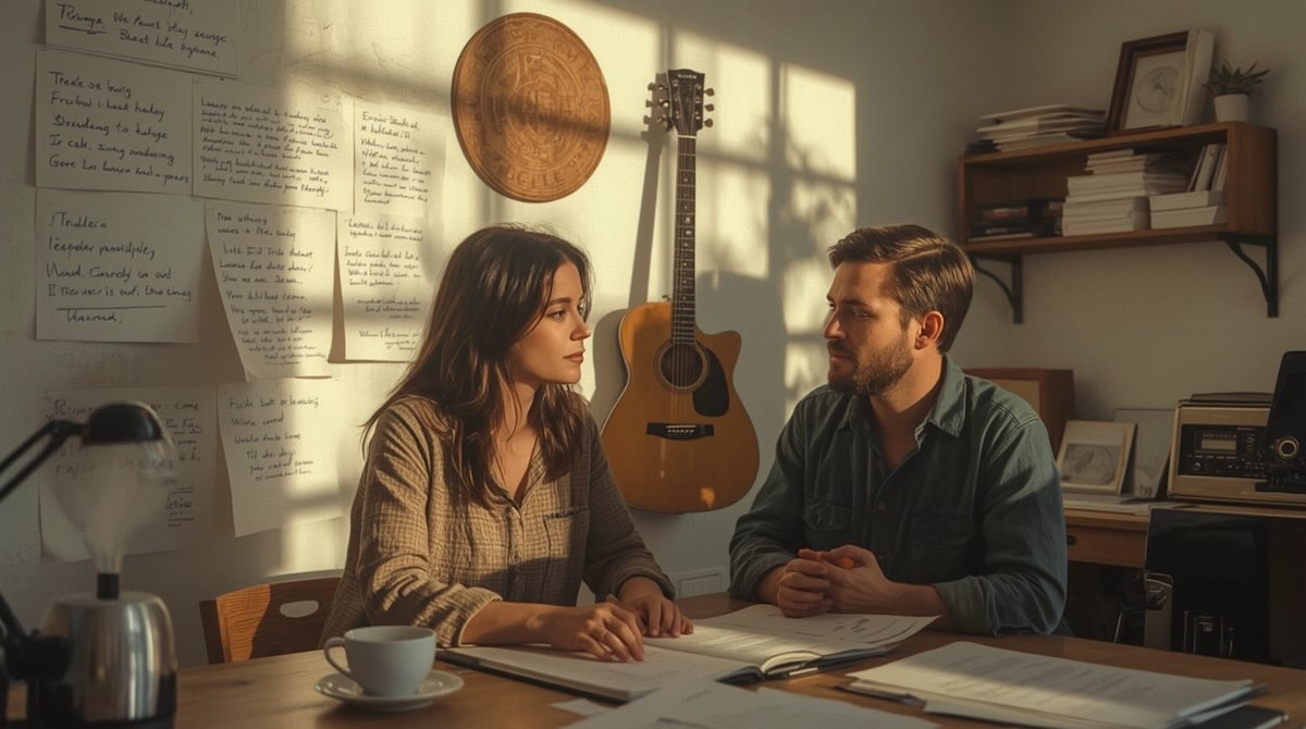 Zwei Menschen entwickeln mit Leidenschaft Ideen für einen Song – konzentriert, ehrlich und mit Herz.