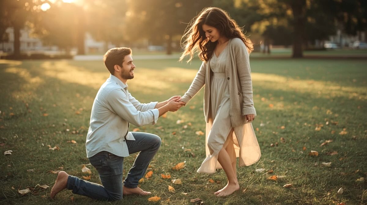 Ein Mann kniet im goldenen Abendlicht vor seiner Partnerin und macht ihr einen Heiratsantrag – emotionale, natürliche Szene voller Wärme.