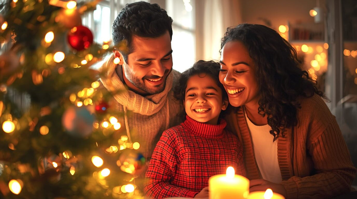 Familie feiert Weihnachten zuhause – liebevolle, helle Szene mit Lachen, Geschenken und Wärme.